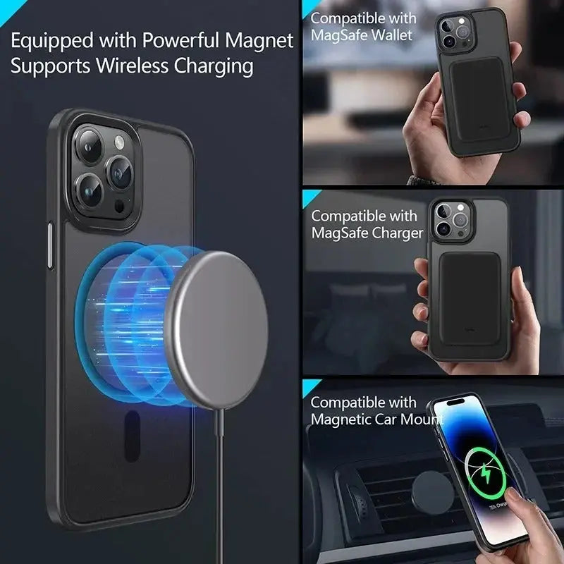 For Magnetic Luxury Matte Case Shockproof Translucent Armor Case For iPhone 15 14 Pro Max Plus Black