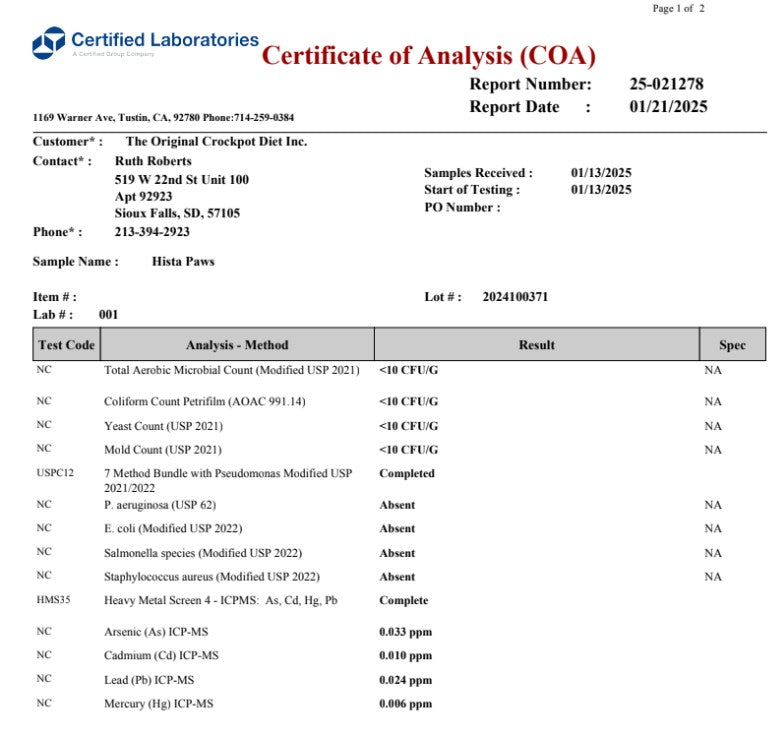 Hista Paws – with Quercetin for Dogs and Cats